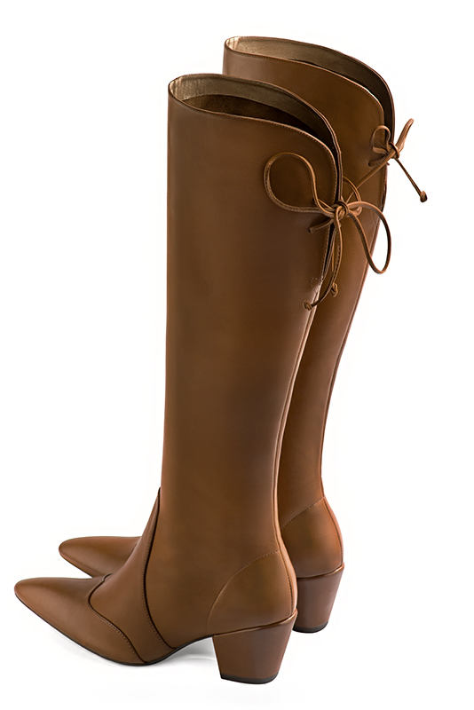 Caramel brown women's knee-high boots, with laces at the back. Tapered toe. Medium cone heels. Made to measure. Rear view - Florence KOOIJMAN